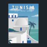 Sidi Bou sagte Tunesien Retro Travel Art Vintag Postkarte<br><div class="desc">Sidi Bou sagte Retro-Reisedesign. Sidi Bou Said,  bekannt für seine gepflasterten Straßen und blauen und weißen Häuser,  ist eine bezaubernde Stadt auf einem Hügel mit Blick auf das Mittelmeer,  mit allen Fresken Cafés,  tunesischen Restaurants und kleinen Kunstgalerien.</div>