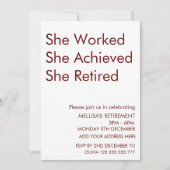 Sie arbeitete daran, dass sie ihren Ruhestand verl Einladung (Vorderseite)