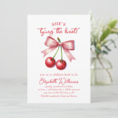 Sie bindet das Brautparty der Knot Coquette Cherry Einladung (Stehend Vorderseite)