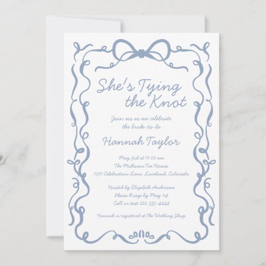 Sie bindet das Brautparty des "Knot Blue Bow" Einladung (Vorderseite)