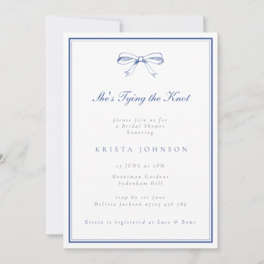 Sie bindet das Brautparty des "Knot Blue Bow" Einladung (Vorderseite)