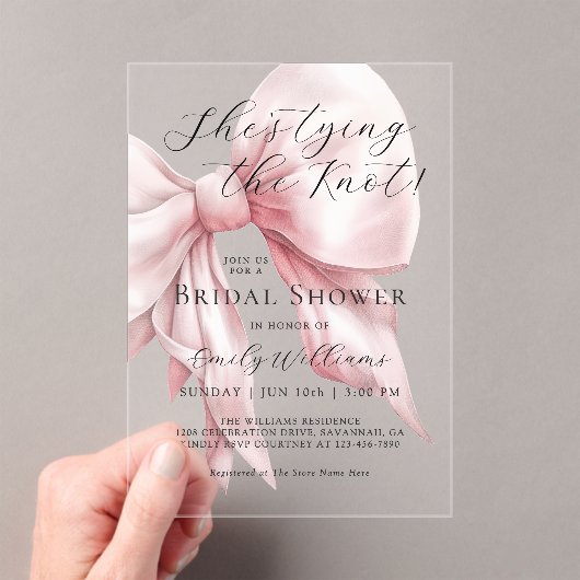 Sie bindet das Brautparty des Knot-Pink-Bows Acryleinladungen (Insitu (Handheld))