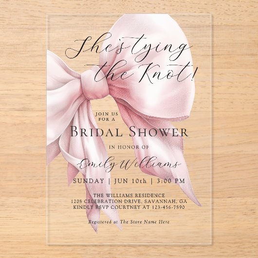 Sie bindet das Brautparty des Knot-Pink-Bows Acryleinladungen (Vorderseite)