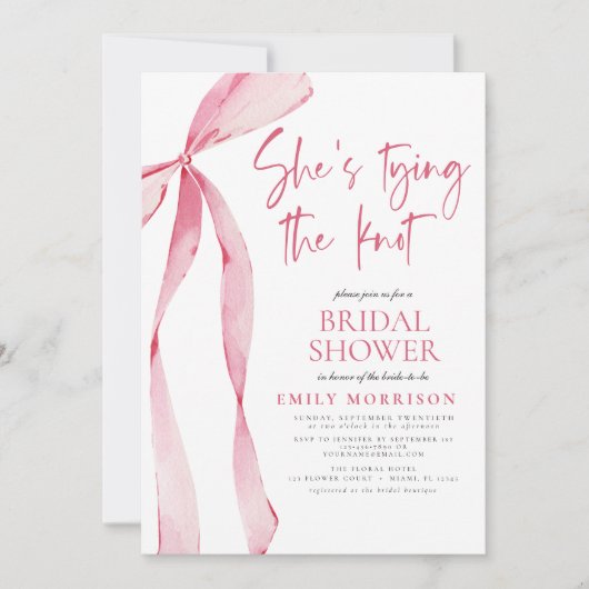 Sie bindet das Brautparty des Knot-Pink-Bows Einladung (Vorderseite)