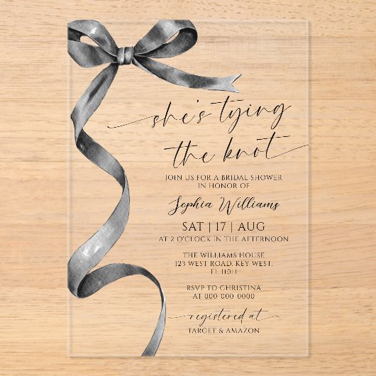 Sie bindet das Brautparty des Knotens Black Bow Acryleinladungen (Vorderseite)