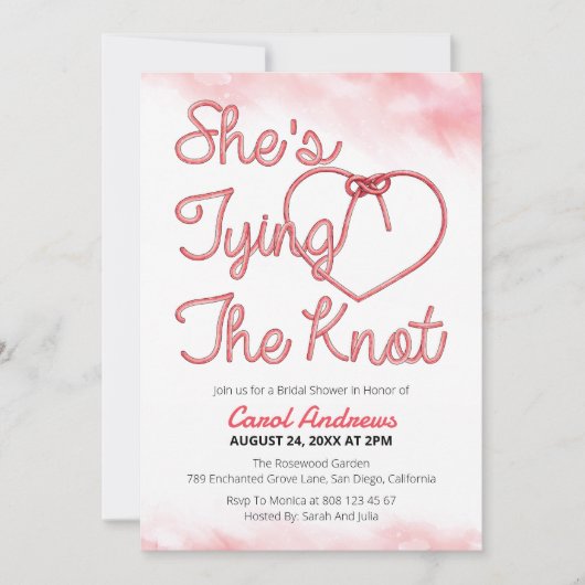 Sie bindet das Brautparty "Knot Pink Rope Heart" Einladung (Vorderseite)