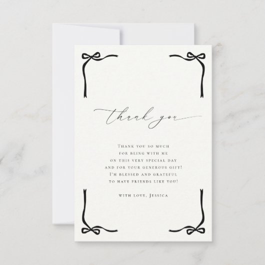 Sie bindet das Knot Black Bow Ivory-Brautparty Dankeskarte (Vorderseite)