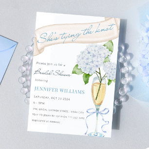 Sie bindet das Knot Blue Hydrangea-Brautparty Einladung