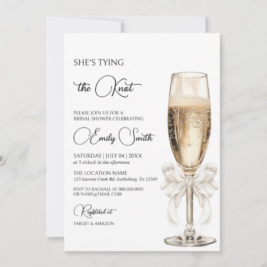 Sie bindet das Knot-Bow-Champagner-Brautparty Einladung (Vorderseite)