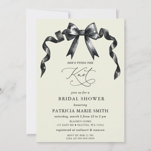 Sie bindet das knotenschwarze Brautparty Einladung (Vorderseite)