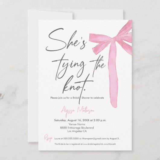 Sie bindet das Rosa-Bow-Brautparty an den Knoten Einladung (Vorderseite)