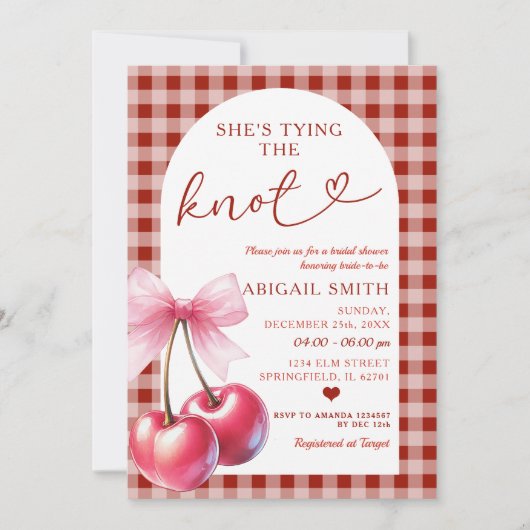 Sie bindet den Knot-Cherry-Gingham-Duschbrunnen Einladung (Vorderseite)