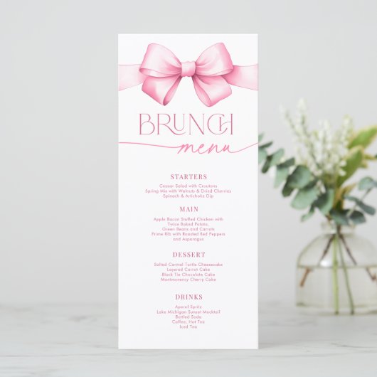 Sie bindet den "Knot Pink Bow Brautparty Brunch" Menükarte (Stehend Vorderseite)