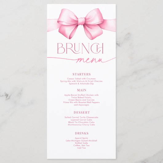 Sie bindet den "Knot Pink Bow Brautparty Brunch" Menükarte (Vorderseite)