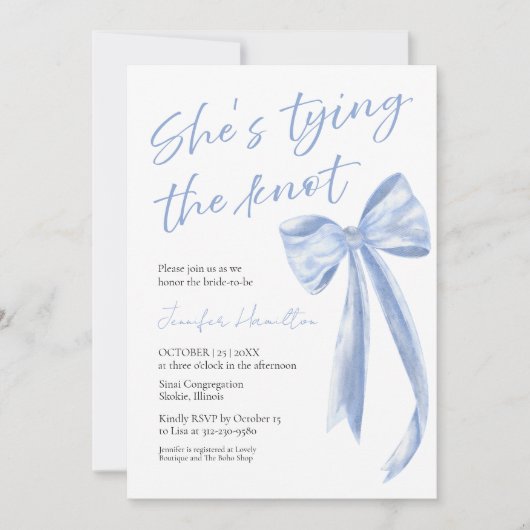 Sie bindet den Knoten | Blue Bow Brautparty Einladung (Vorderseite)