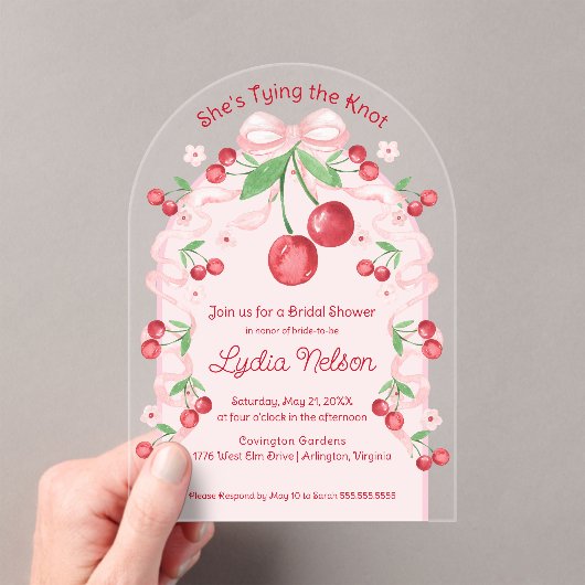 Sie bindet die Knot Coquette Cherry Bridal Acryleinladungen (Insitu (Handheld))
