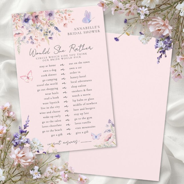 Sie eher Schmetterling Wildblumen Brautparty-Spiel (Rather Butterfly Wildflower Bridal Shower Game)