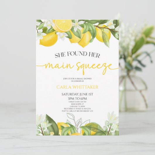 Sie fand ihr Haupt Squeeze Lemon Brautparty Einladung (Stehend Vorderseite)
