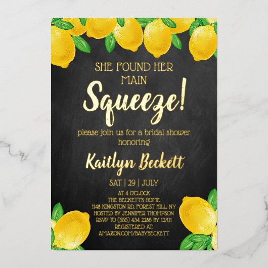 Sie fand ihr Haupt Squeeze Lemon Brautparty Folieneinladung (Vorderseite)