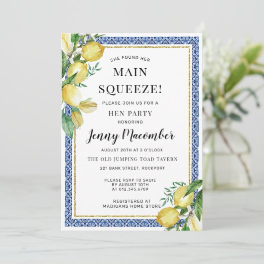 Sie fand ihr Haupt Squeeze Lemon Hen Party Einladung (Stehend Vorderseite)