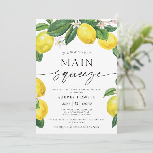 Sie fand ihr Haupt-Squeeze-Lemons-Brautparty Einladung (Stehend Vorderseite)