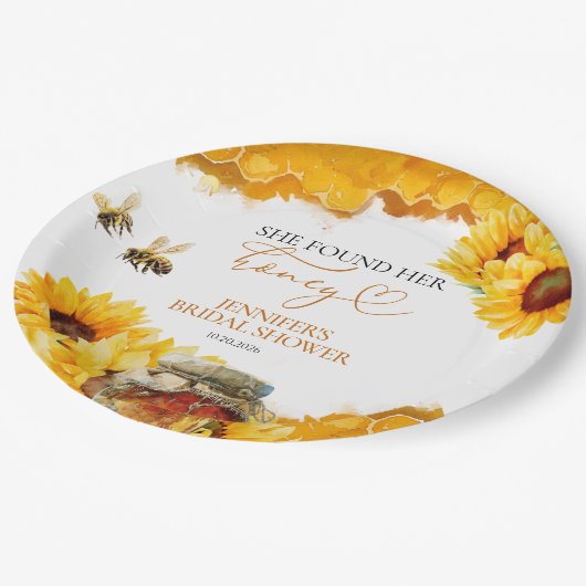 Sie fand ihr Honig | Sonnenblumen-Brautparty Pappteller (Schrägansicht)