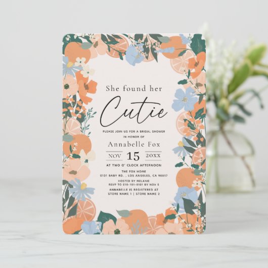 Sie fand ihre Süsse Orange Floral Brautparty Einladung (Stehend Vorderseite)