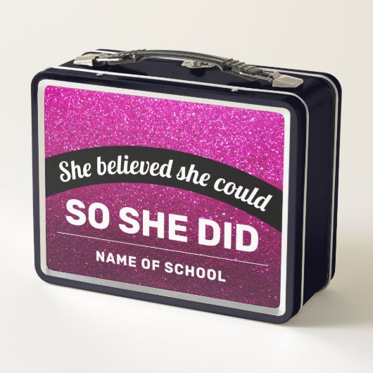 Sie glaubte, dass sie Glitzern mit schwarzpinken G Metall Brotdose (Rückseite)