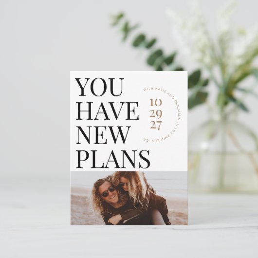 Sie haben neue Pläne Foto Save the Date Postkarte (Stehend Vorderseite)