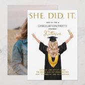 Sie hat das Foto Abschluss gemacht Einladung (Vorne/Hinten)