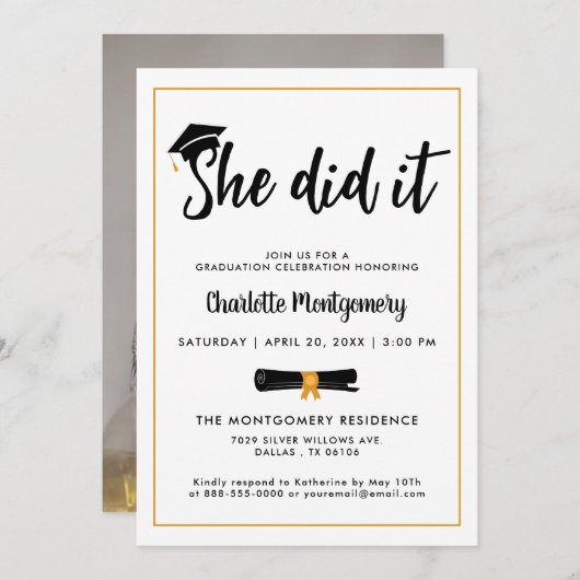 Sie hat das Foto der Graduierungspartei "Grad Cap  Einladung (Vorne/Hinten)