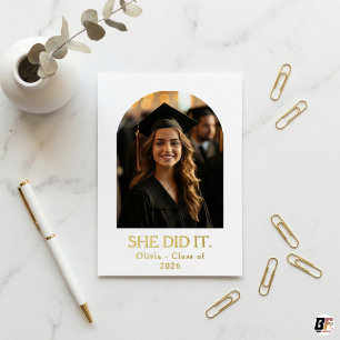 Sie hat es geschafft Moderne Gold-Bogen-Foto-Absch Folieneinladung