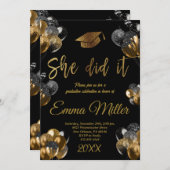 Sie hat es getan - Black and Gold Balloons Abschlu Einladung (Vorne/Hinten)