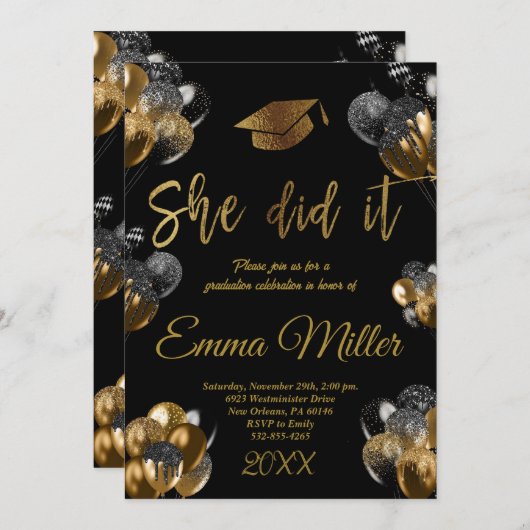 Sie hat es getan - Black and Gold Balloons Abschlu Einladung (Vorne/Hinten)