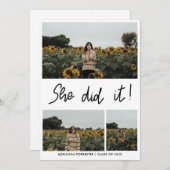 Sie hat es getan | Graduate Three Foto Collage Einladung (Vorne/Hinten)