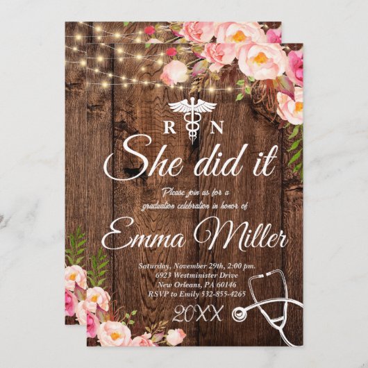 Sie hat es getan - Nursing School Graduation Party Einladung (Vorne/Hinten)