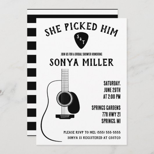 Sie hat ihn gepickt! Gitarre und Pick-Brautparty Einladung (Vorne/Hinten)