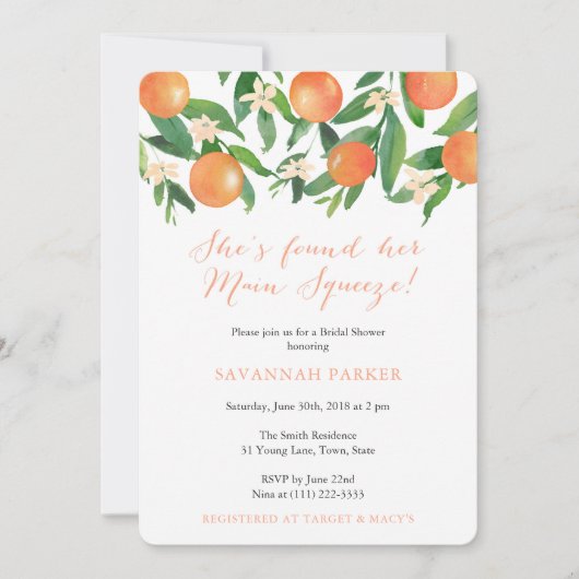 Sie hat ihr Haupt-Squeeze-Zitrusfrüchte-Brautparty Einladung (Vorderseite)