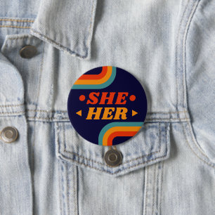 Sie Ihr 70er Jahre Blau Orange Retro Linien Pronom Button