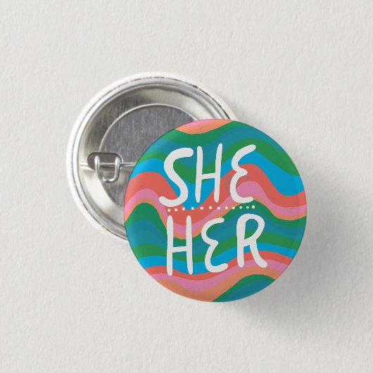 Sie/ihr Pronouns farbenfroher Handbrief Grün rosa Button (Vorne & Hinten)