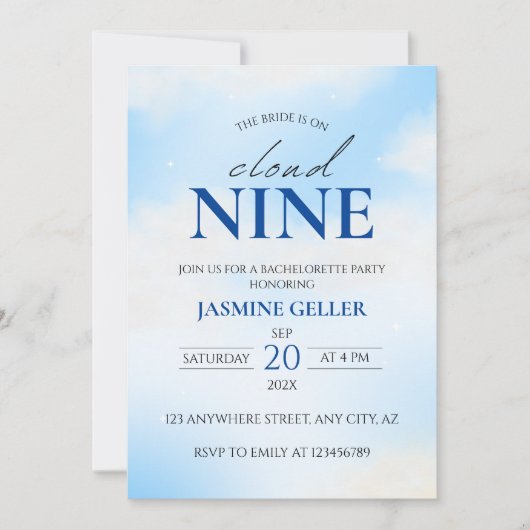 Sie ist auf Cloud 9 Dreamy Brautparty Soft Blue in Einladung (Vorderseite)