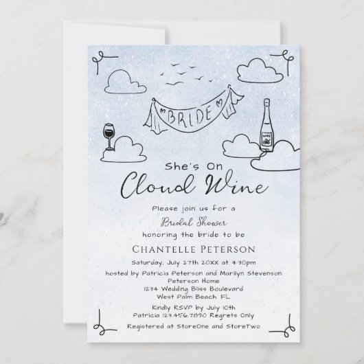 Sie ist auf Cloud Wine Funky Scribble Brautparty Einladung (Vorderseite)