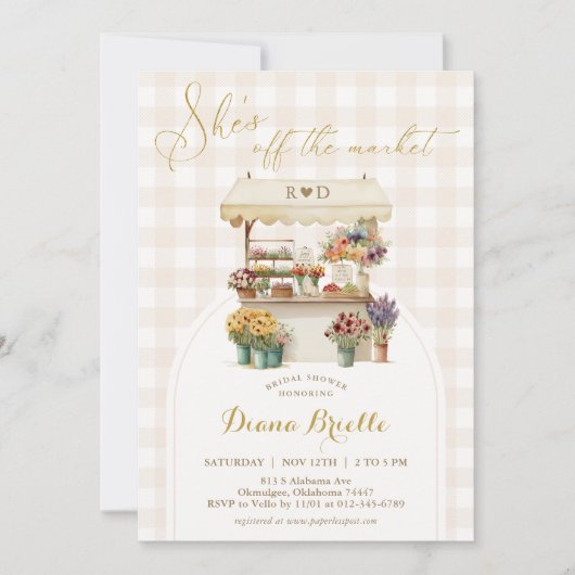 Sie ist außerhalb des Market Gingham Brautparty In Einladung (Vorderseite)