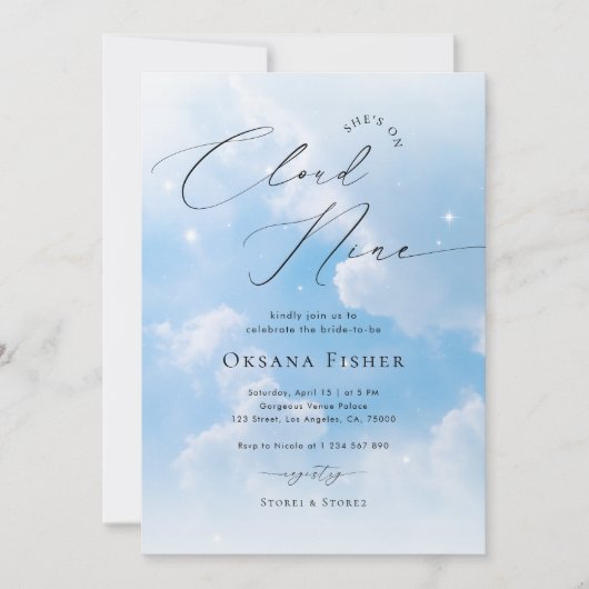 Sie ist bei Cloud Nine | Blue Clouds Brautparty Einladung (Vorderseite)