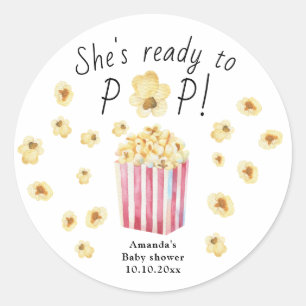 Sie ist bereit, Wasserfarbe Popcorn-Baby-Party pla Runder Aufkleber