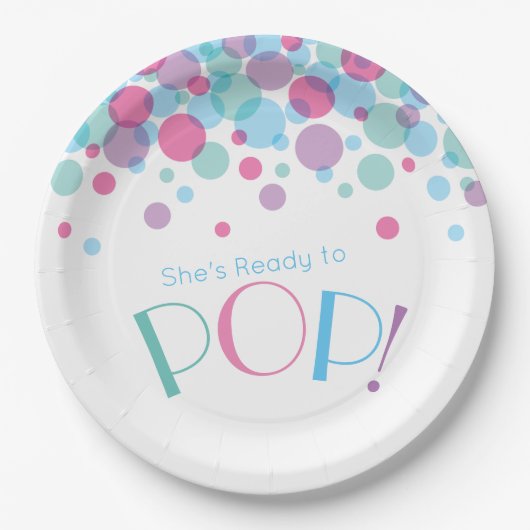 Sie ist bereit zum Pop Baby Shower Polka Dots Pappteller (Vorderseite)