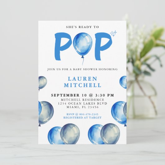 Sie ist bereit zum Pop Balloons Blue Boy Baby Dusc Einladung (Stehend Vorderseite)