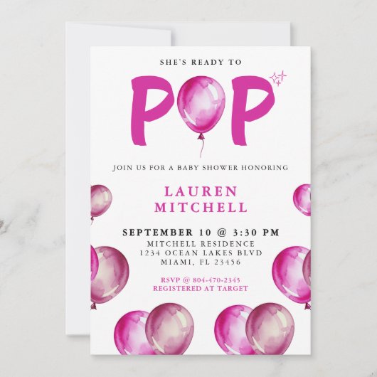 Sie ist bereit zum Pop Balloons Pink Girl Baby Dus Einladung (Vorderseite)