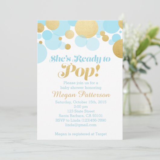 Sie ist bereit zum Pop! Blau und Gold Einladung (Stehend Vorderseite)