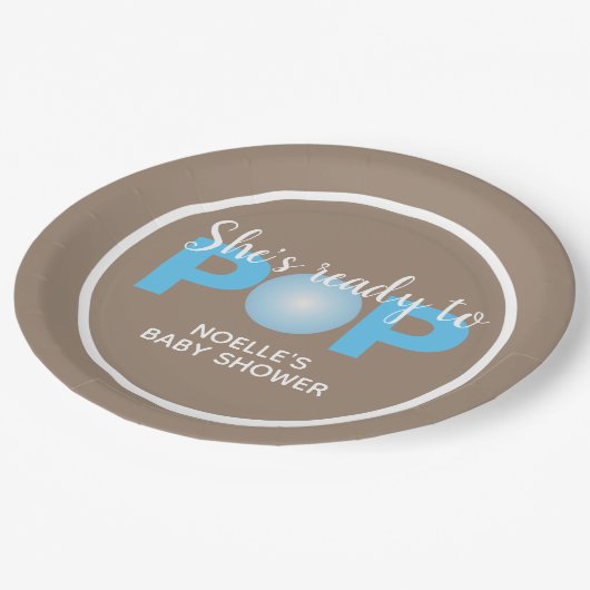 Sie ist bereit zum Pop, Blue Bubblegum Baby Shower Pappteller (Schrägansicht)